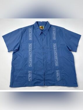 Haband Guayabera Embroidered Short Sleeve Shirt Mens 2XL Blue 4-Pocket NWOT